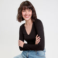 Thermal V-Neck Top with Dotted Mesh Trim in Black, view 1