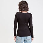 Thermal V-Neck Top with Dotted Mesh Trim in Black, view 2