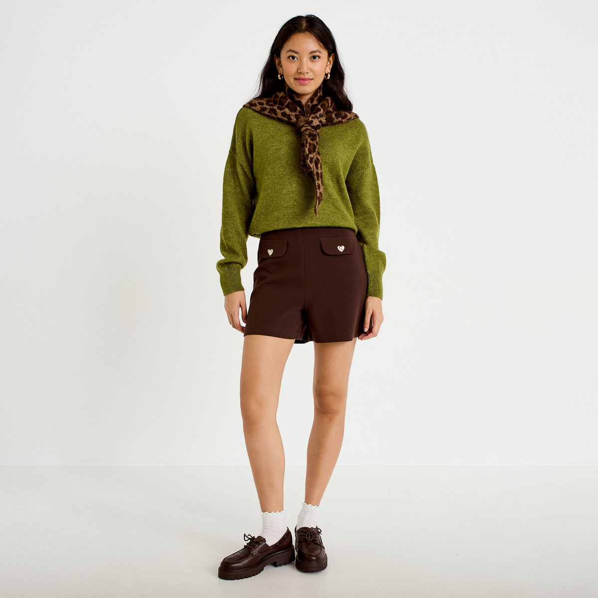Stretch Shorts with Heart Details in Dark Brown, view 1