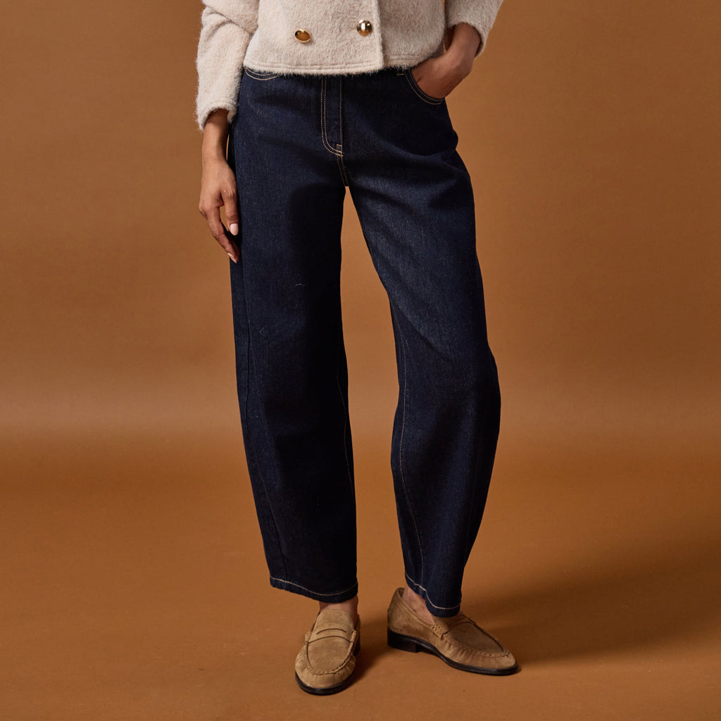 Mid Rise Cropped Barrel Jeans in Raw Denim, view 1