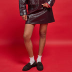 Straight Faux Leather Mini Skirt in Dark Purple, view 1