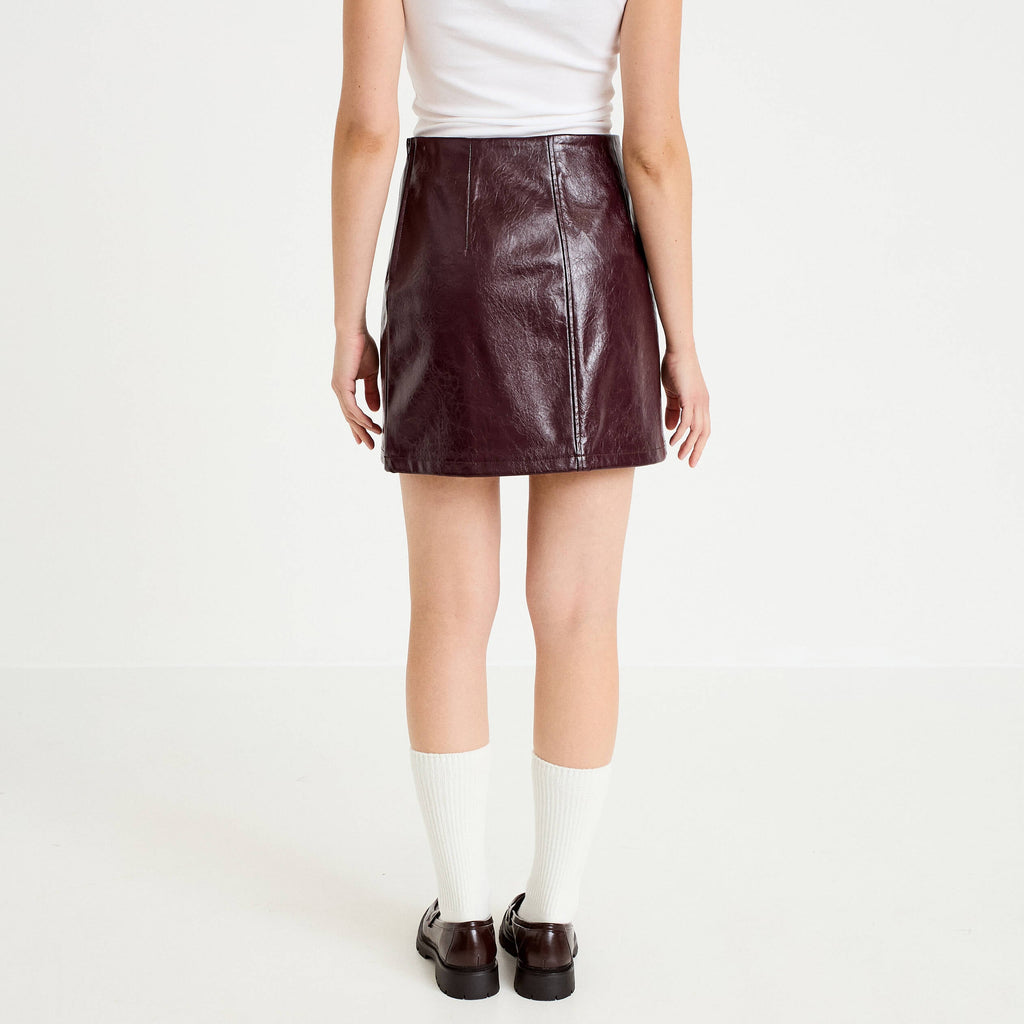 Straight Faux Leather Mini Skirt in Dark Purple, view 2