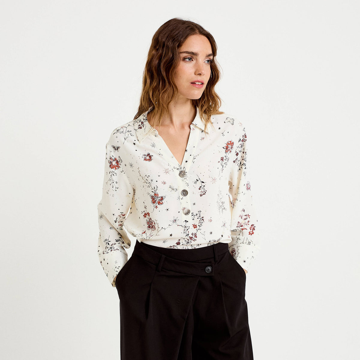 Shirt Collar Long Sleeve Blouse in White, view 1