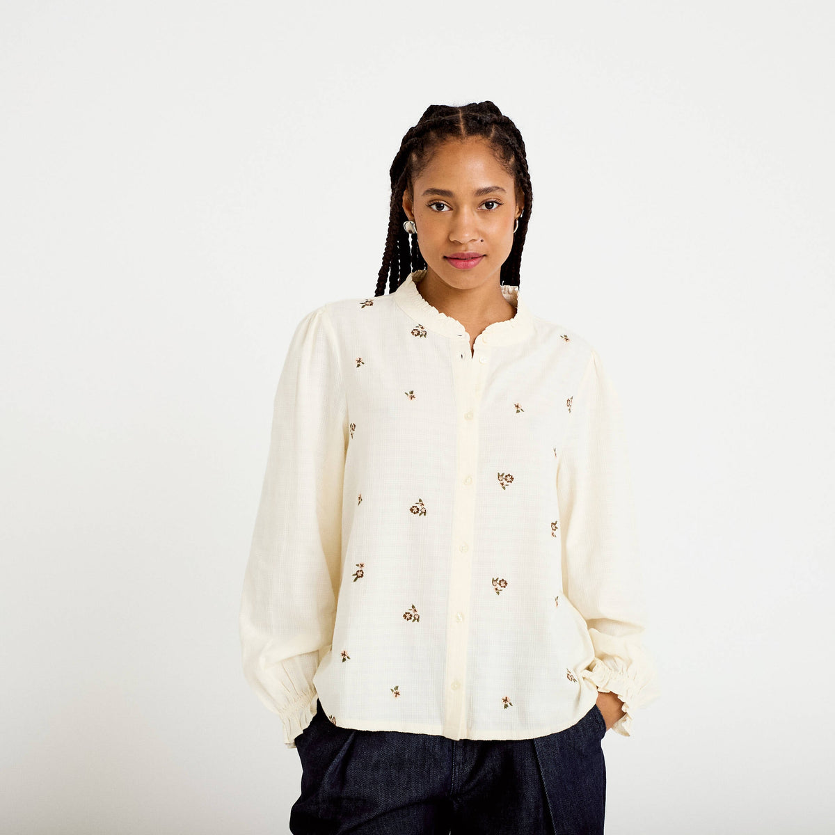 Cropped Straight Cut V-Neck Embroidered Blouse in Ivory, view 1