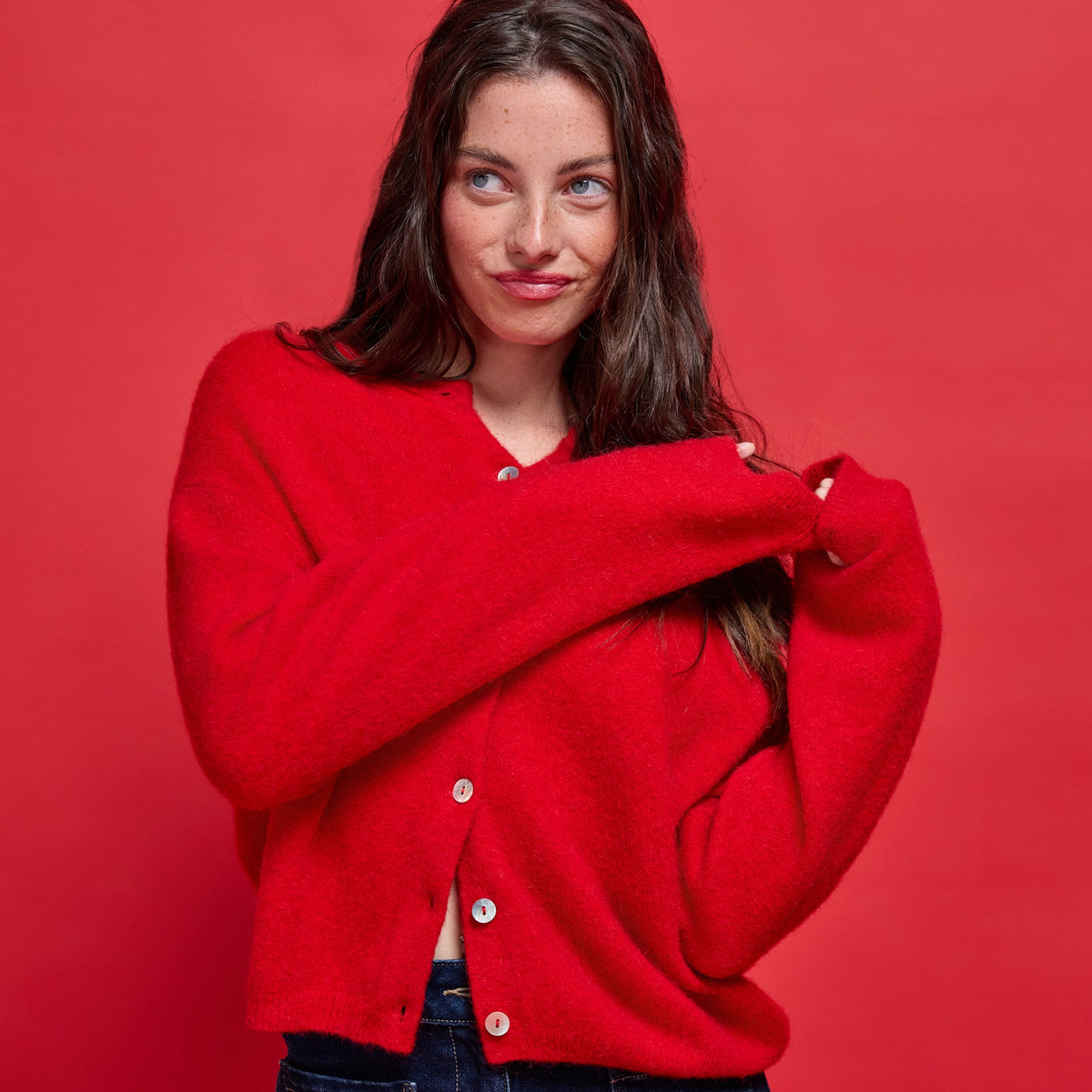 Long Sleeve Cardigan in Red, view 1