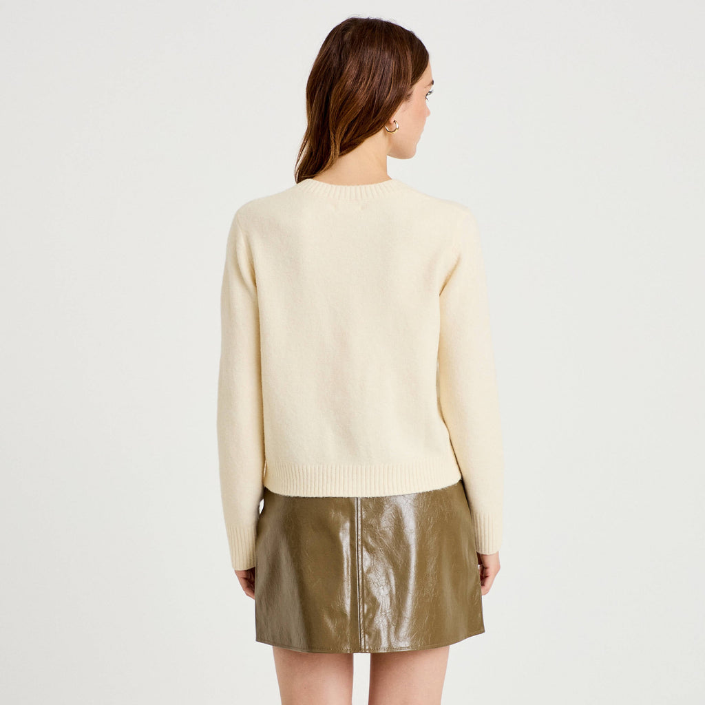 Embroidered Crew Neck Long Sleeve Cardigan in Ecru, view 2