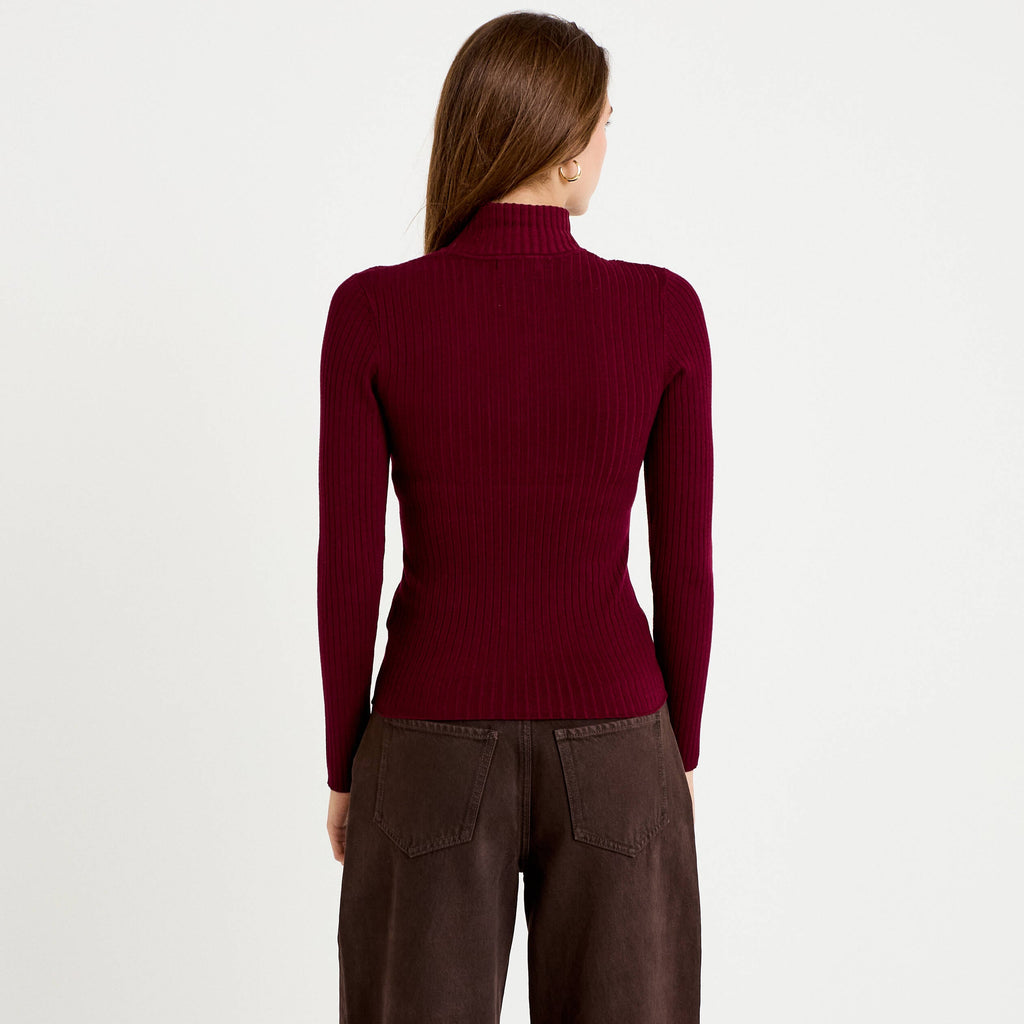 Ribbed Turtleneck Sweater in Burgundy, view 2