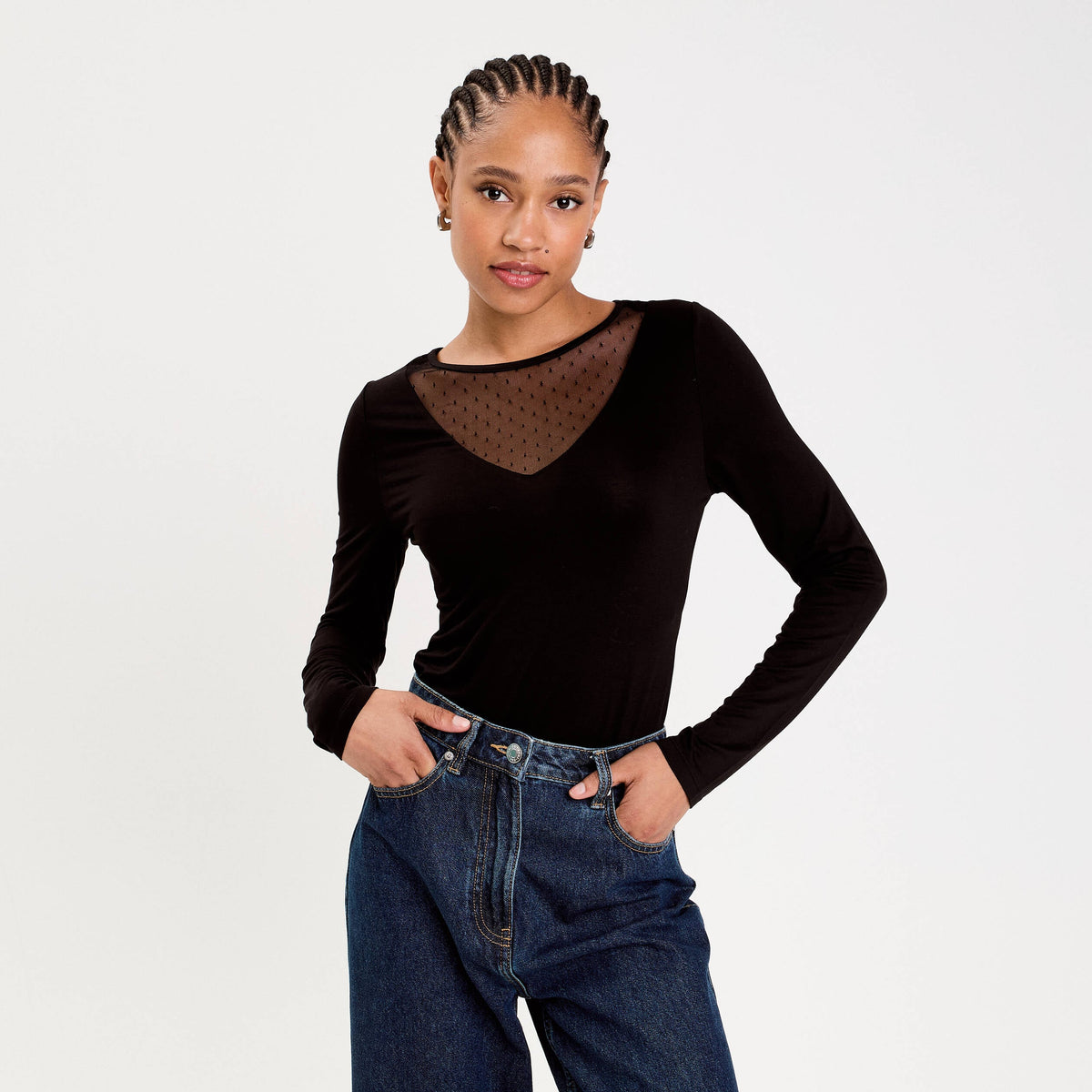 Thermal Crew Neck Long Sleeve Bodysuit in Black, view 1