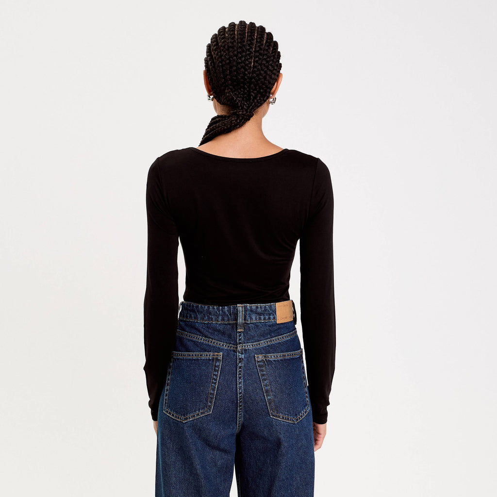 Thermal Crew Neck Long Sleeve Bodysuit in Black, view 2