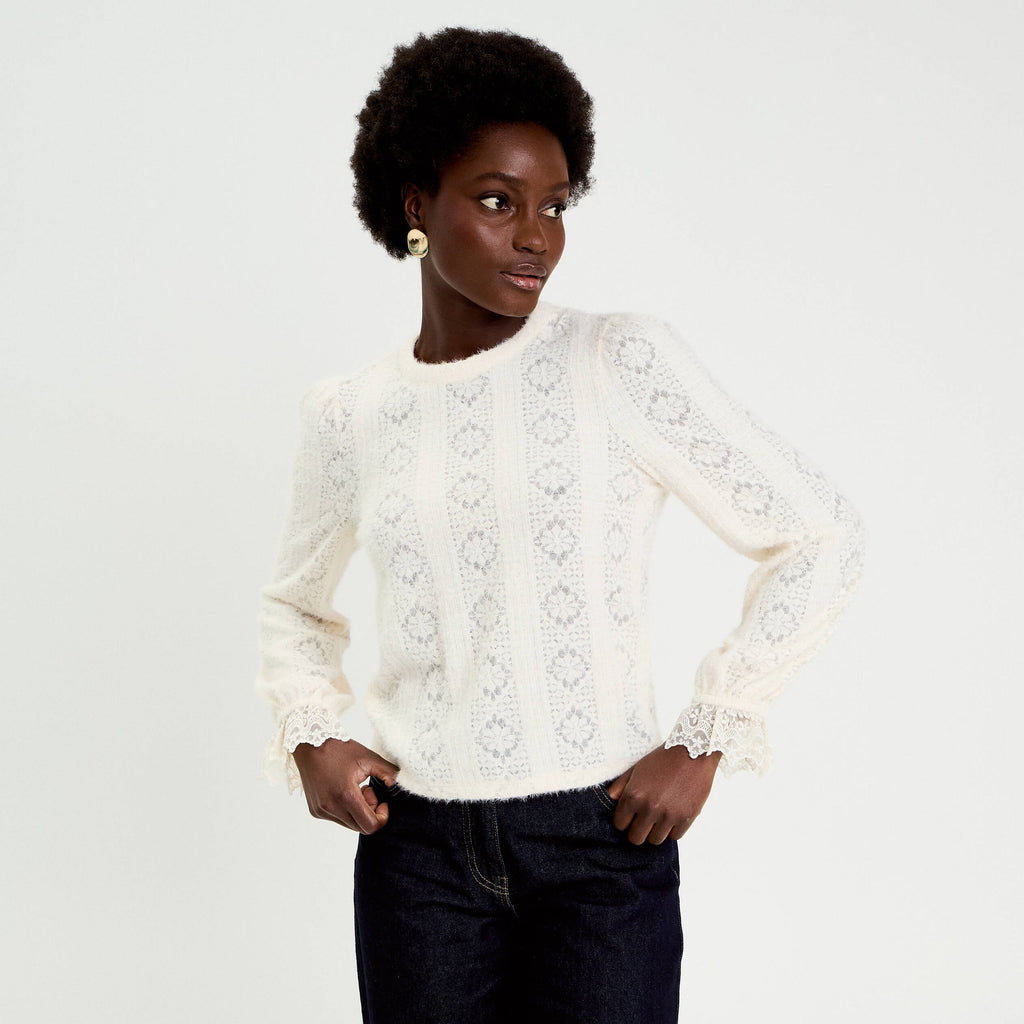 Crew Neck Long Sleeve Lace Top in Ivory, view 1