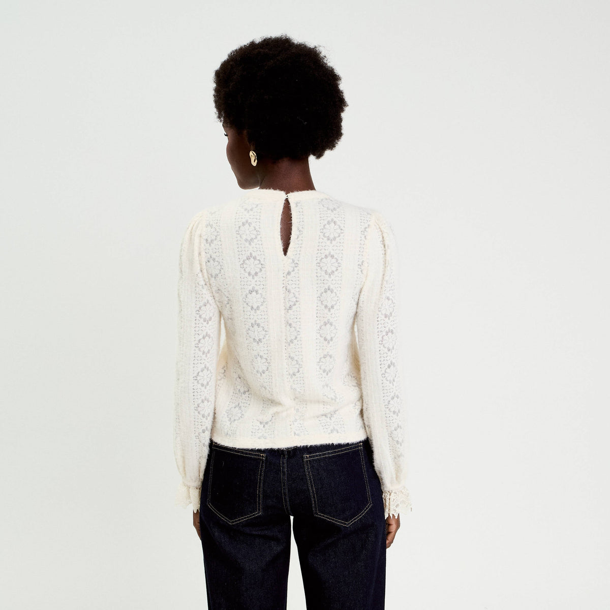 Crew Neck Long Sleeve Lace Top in Ivory, view 2