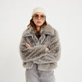 Cropped Faux Fur Jacket in Light Gray, view 1