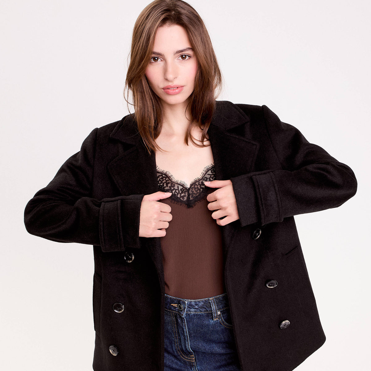 Long Sleeve Tailored Collar Peacoat in Black, view 1