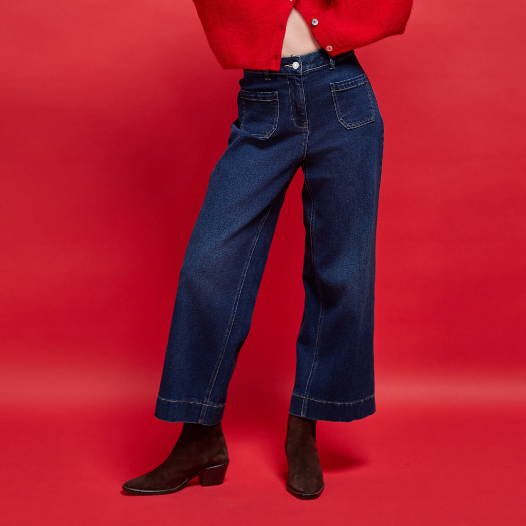 High Rise Cropped Wide Leg Jeans in Blue-Black Denim, view 1