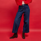High Rise Cropped Wide Leg Jeans in Blue-Black Denim, view 1