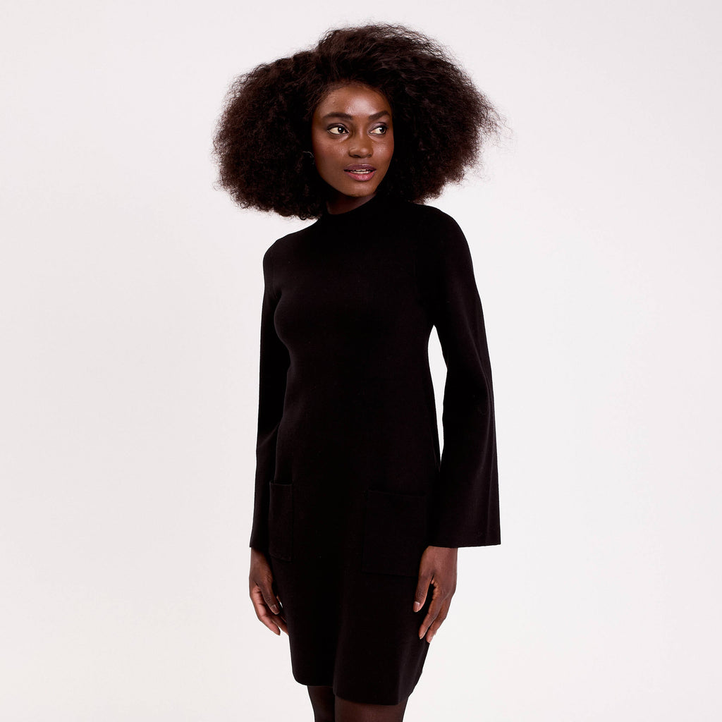 Stand Collar Long Sleeve Dress in Black, view 1