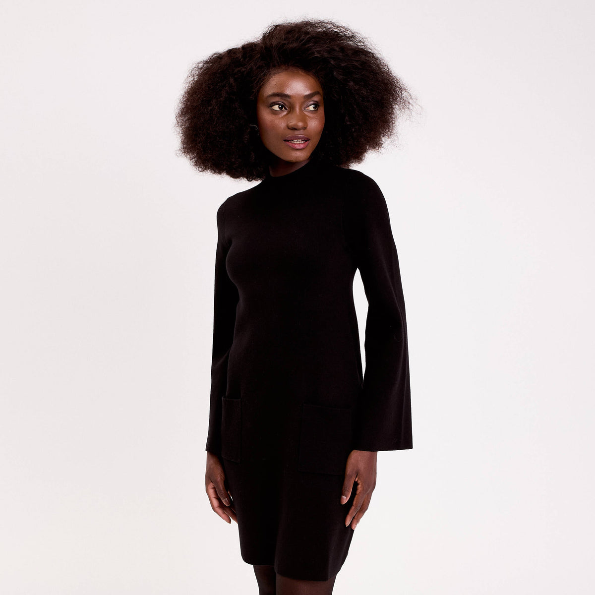 Stand Collar Long Sleeve Dress in Black, view 1