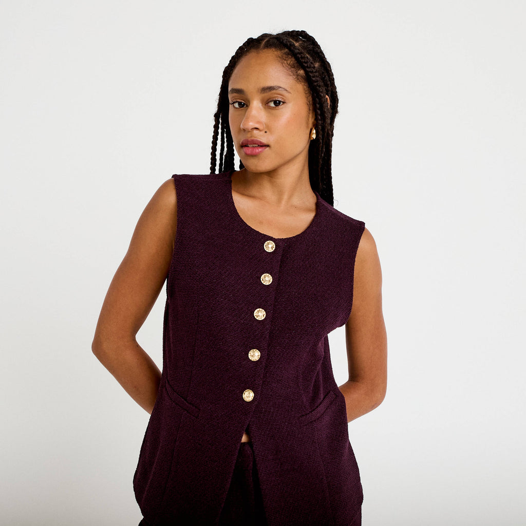 Sleeveless Tweed Vest in Dark Purple, view 1