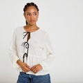 Blouse with Contrast Bows in Ecru, view 1