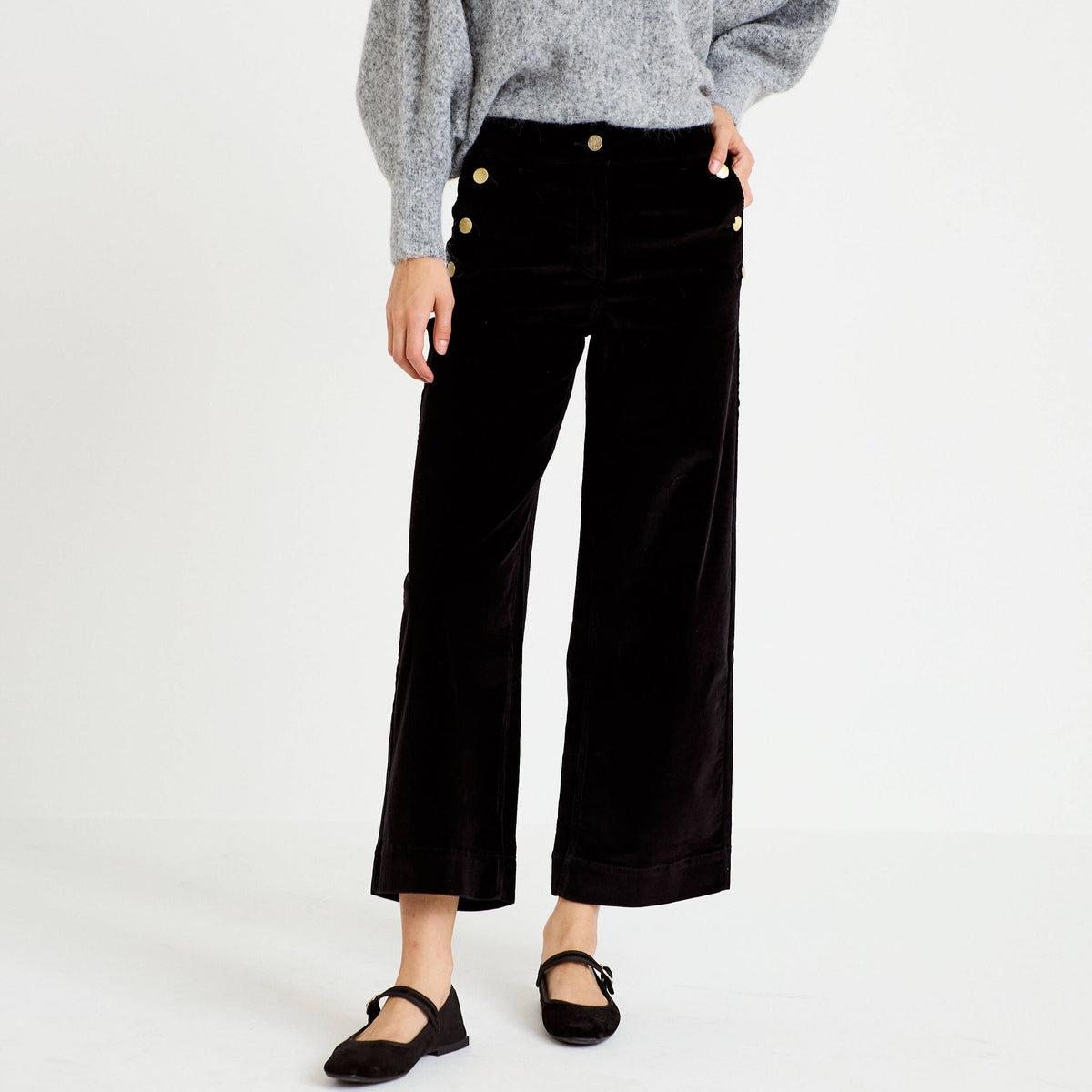 High Rise Bootcut Corduroy Pants in Black, view 1