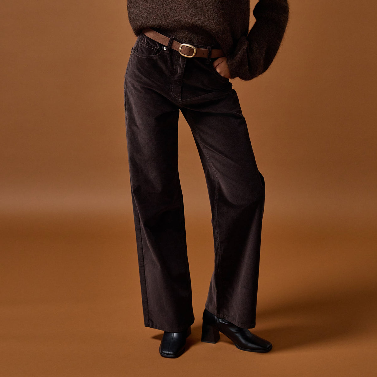 High Rise Bootcut Corduroy Pants in Dark Brown, view 1