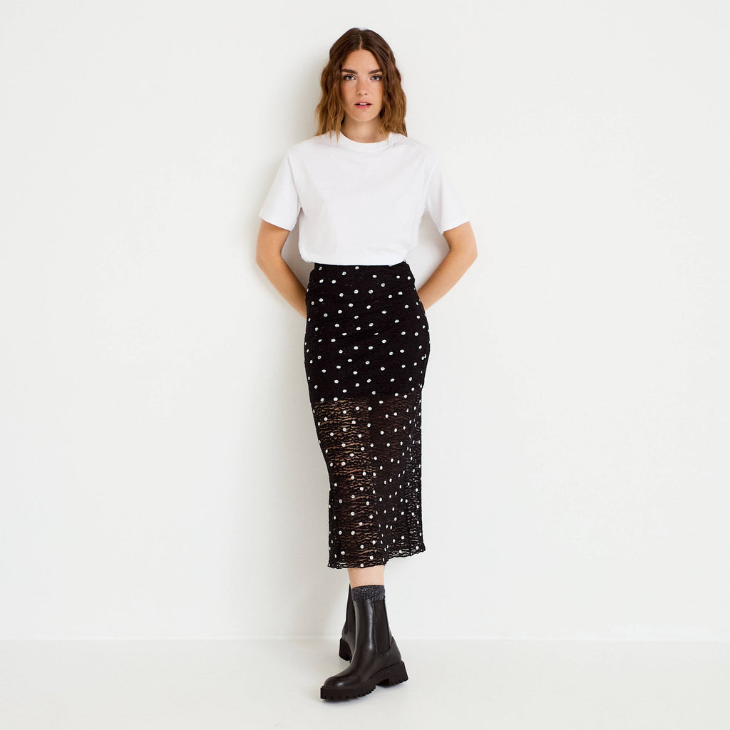 Fitted Lace Maxi Skirt in Black, view 1