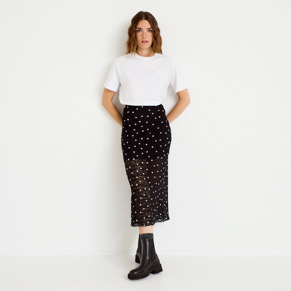 Fitted Lace Maxi Skirt in Black, view 1