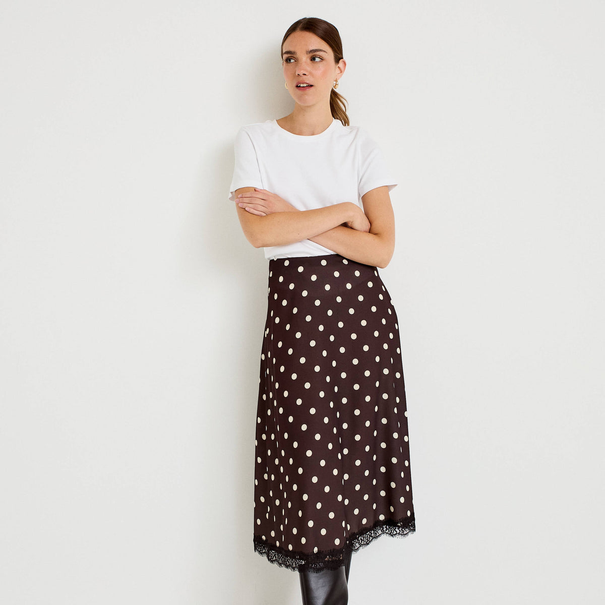 Flared Midi Lace Skirt in Brown, view 1