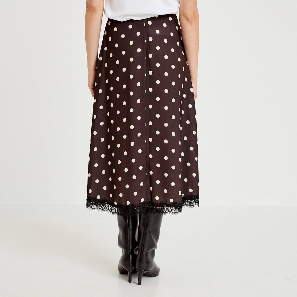 Flared Midi Lace Skirt in Brown, view 2