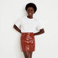 A-Line Faux Leather Mini Skirt in Cognac Brown, view 1