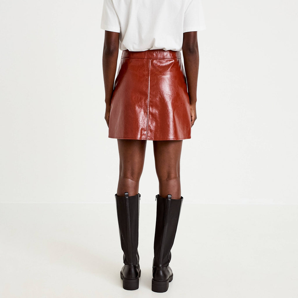 A-Line Faux Leather Mini Skirt in Cognac Brown, view 2