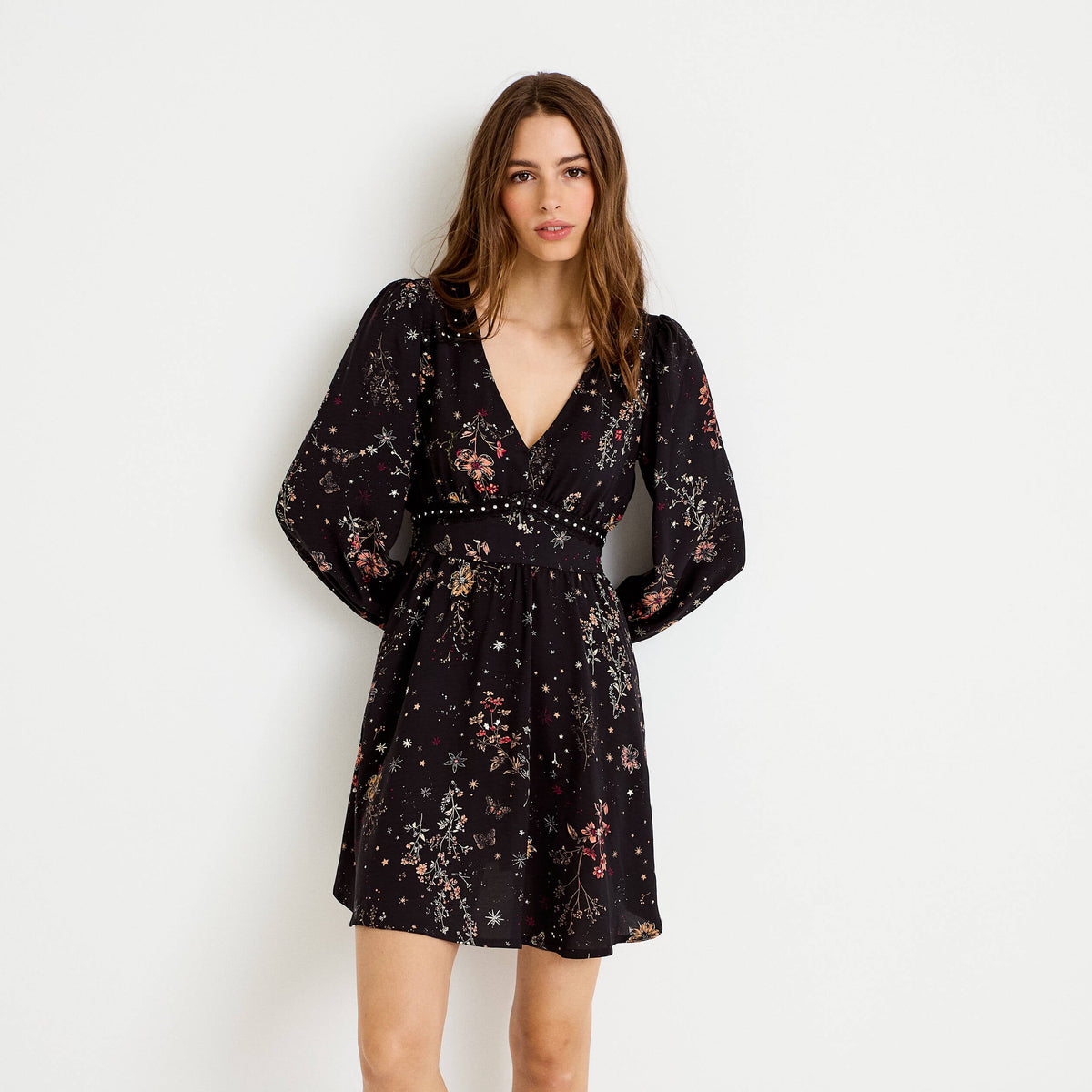 Flared V-Neck Long Sleeve Mini Dress in Black, view 1