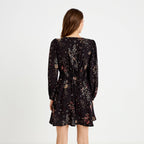 Flared V-Neck Long Sleeve Mini Dress in Black, view 2