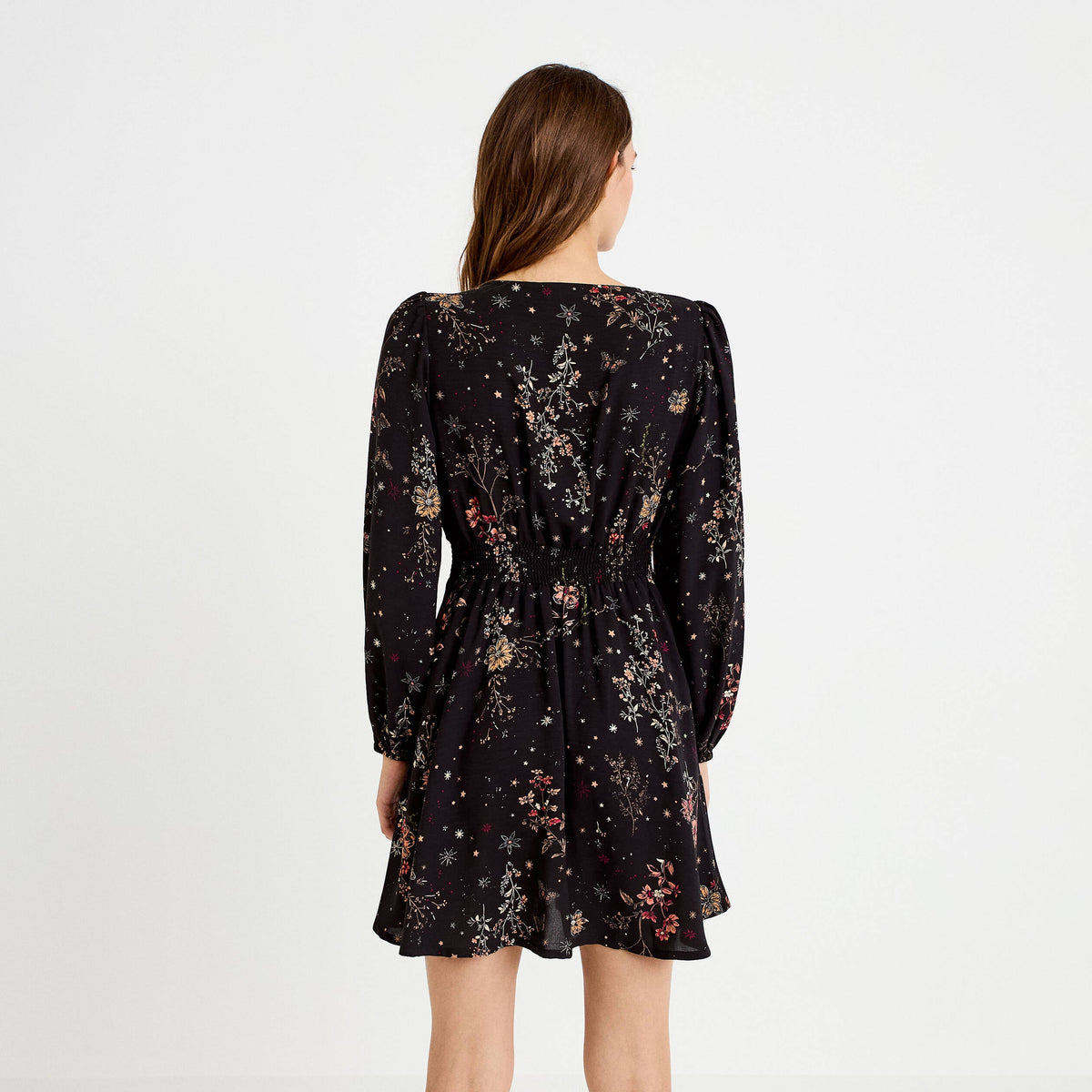Flared V-Neck Long Sleeve Mini Dress in Black, view 2