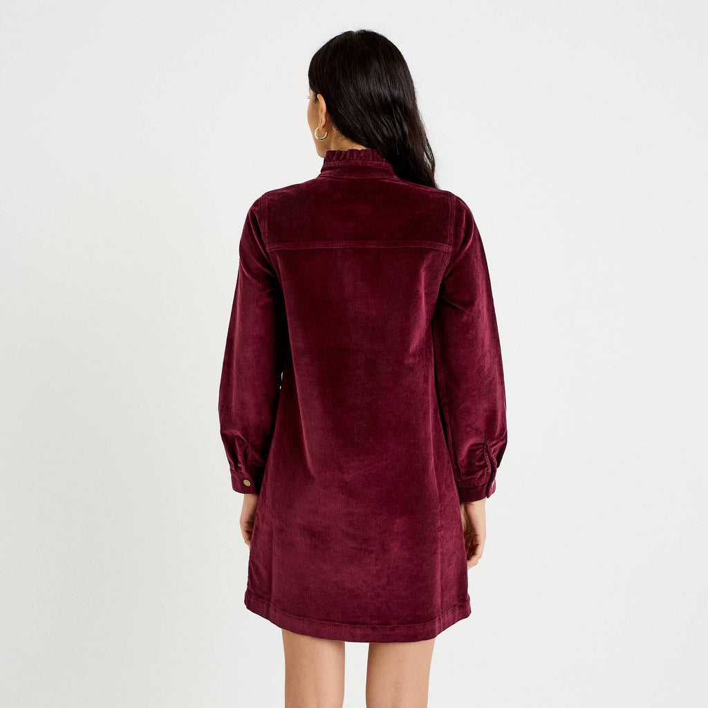 Flared Velvet Dress with Stand Collar in Burgundy, view 2
