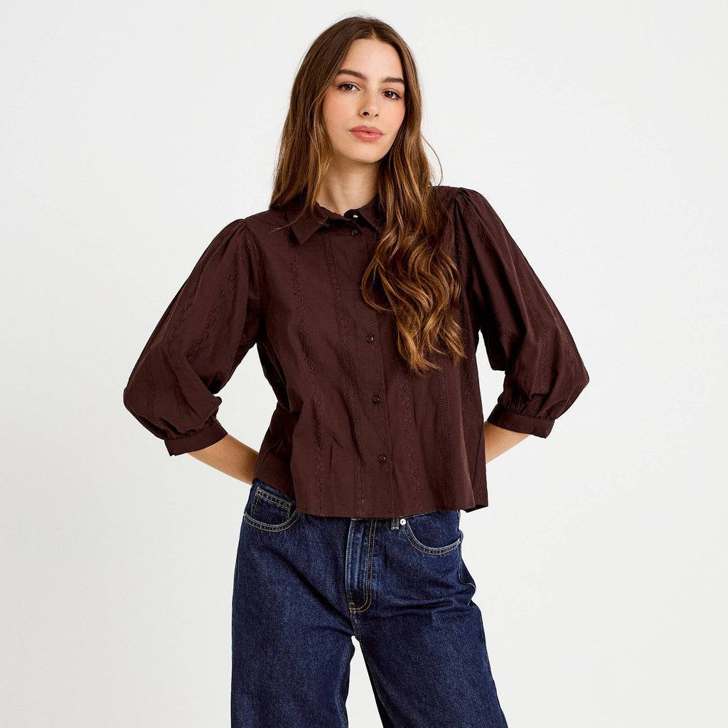 Straight Cut Classic Collar Three-Quarter Sleeve Shirt in Dark Brown, view 1