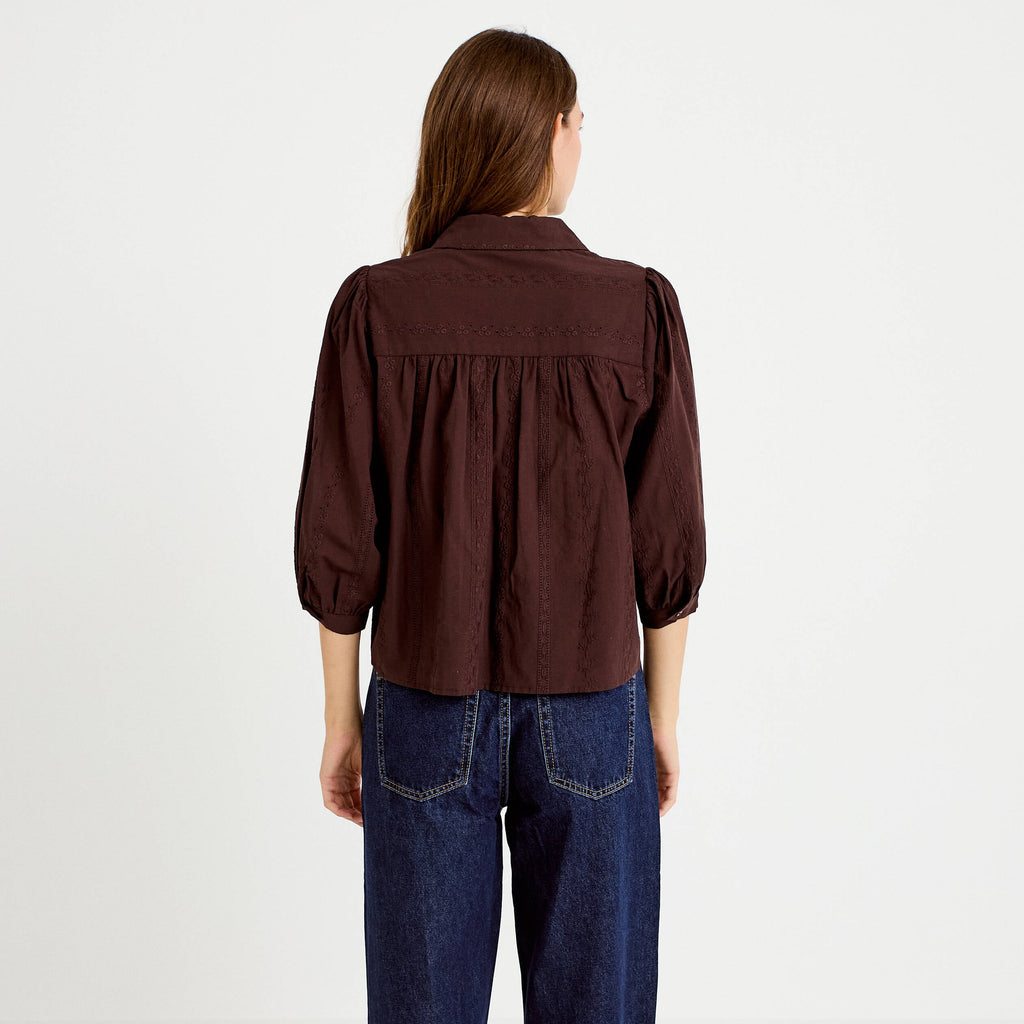 Straight Cut Classic Collar Three-Quarter Sleeve Shirt in Dark Brown, view 2