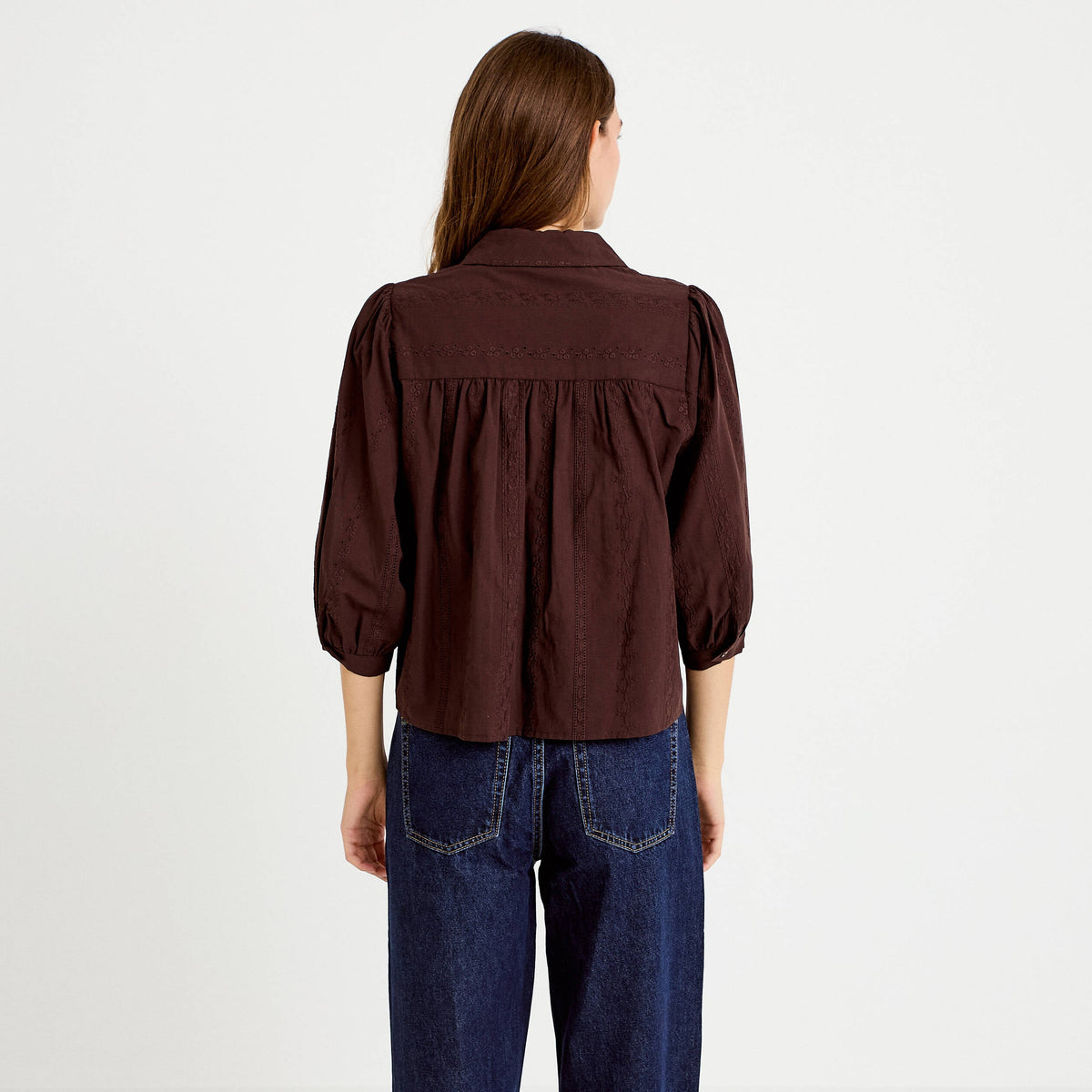 Straight Cut Classic Collar Three-Quarter Sleeve Shirt in Dark Brown, view 2