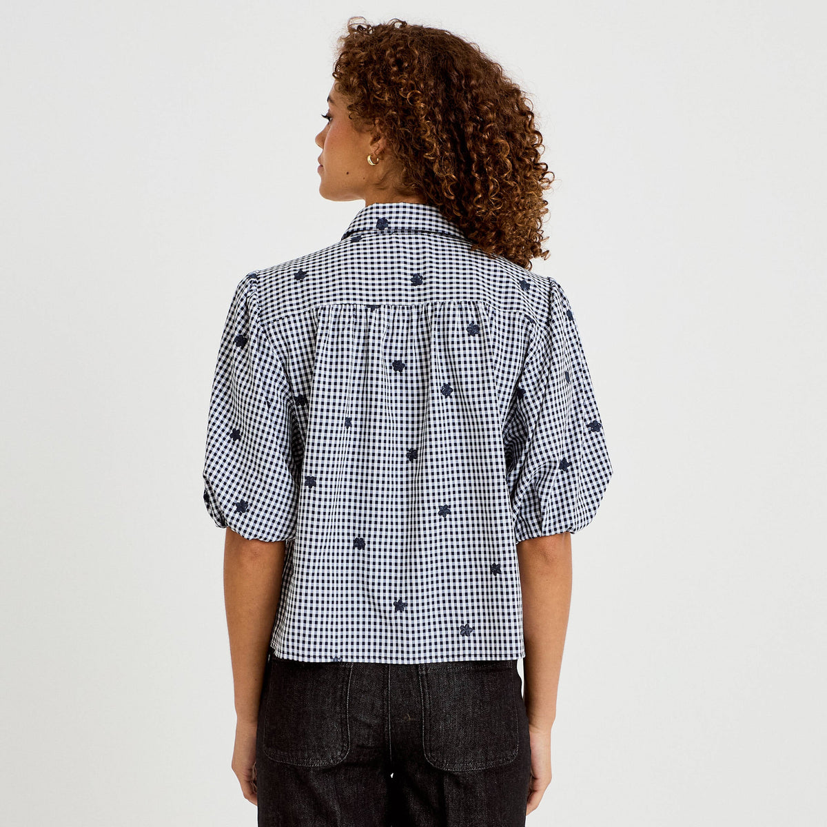 Straight Cut Classic Collar Three-Quarter Sleeve Shirt in Navy Blue, view 2