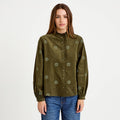 Straight Cut Stand Collar Corduroy Shirt in Khaki Green, view 1