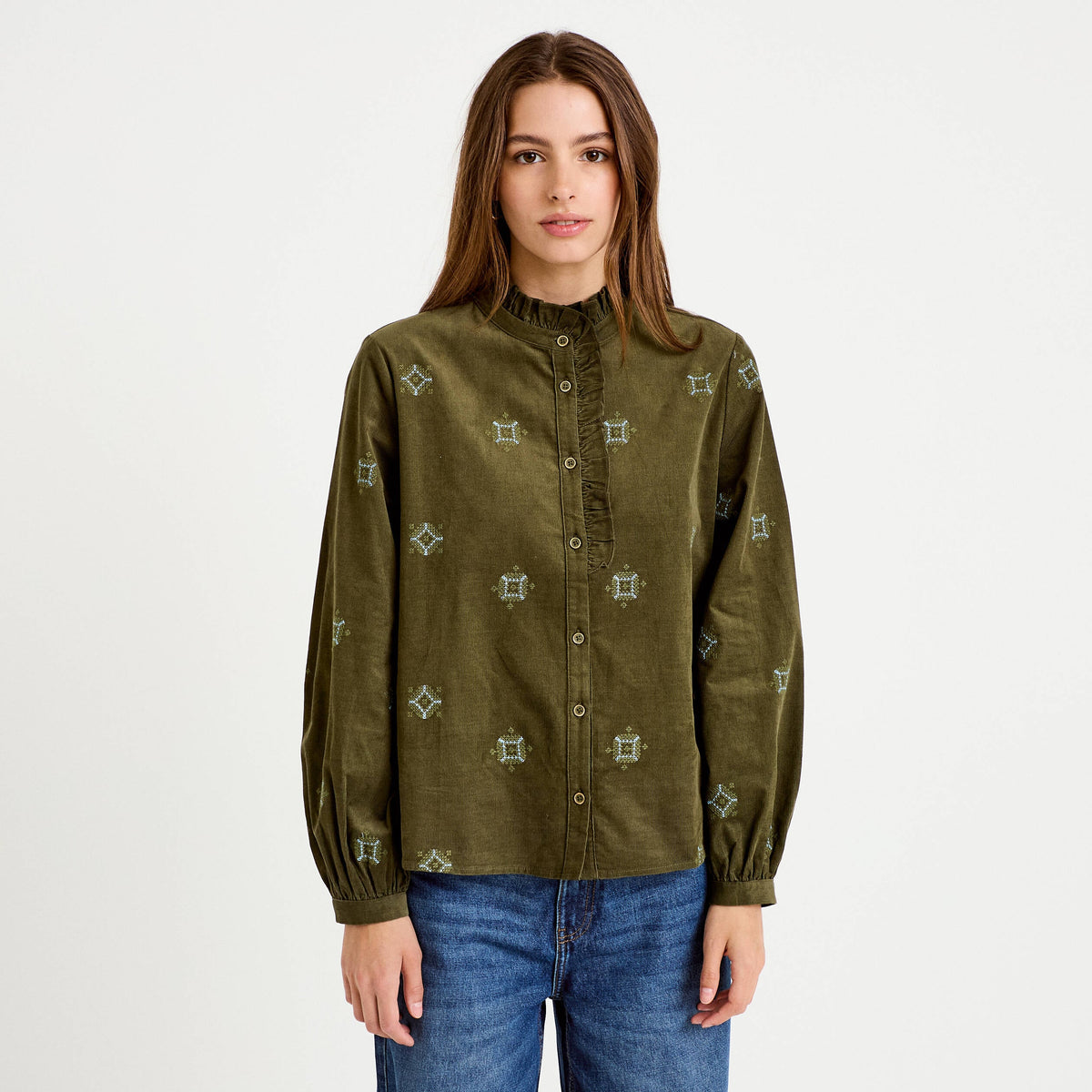 Straight Cut Stand Collar Corduroy Shirt in Khaki Green, view 1