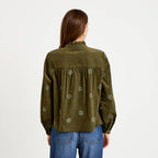 Straight Cut Stand Collar Corduroy Shirt in Khaki Green, view 2