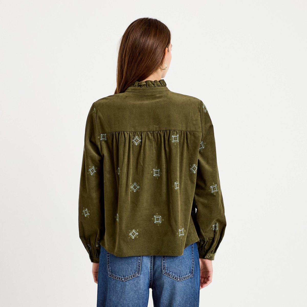 Straight Cut Stand Collar Corduroy Shirt in Khaki Green, view 2