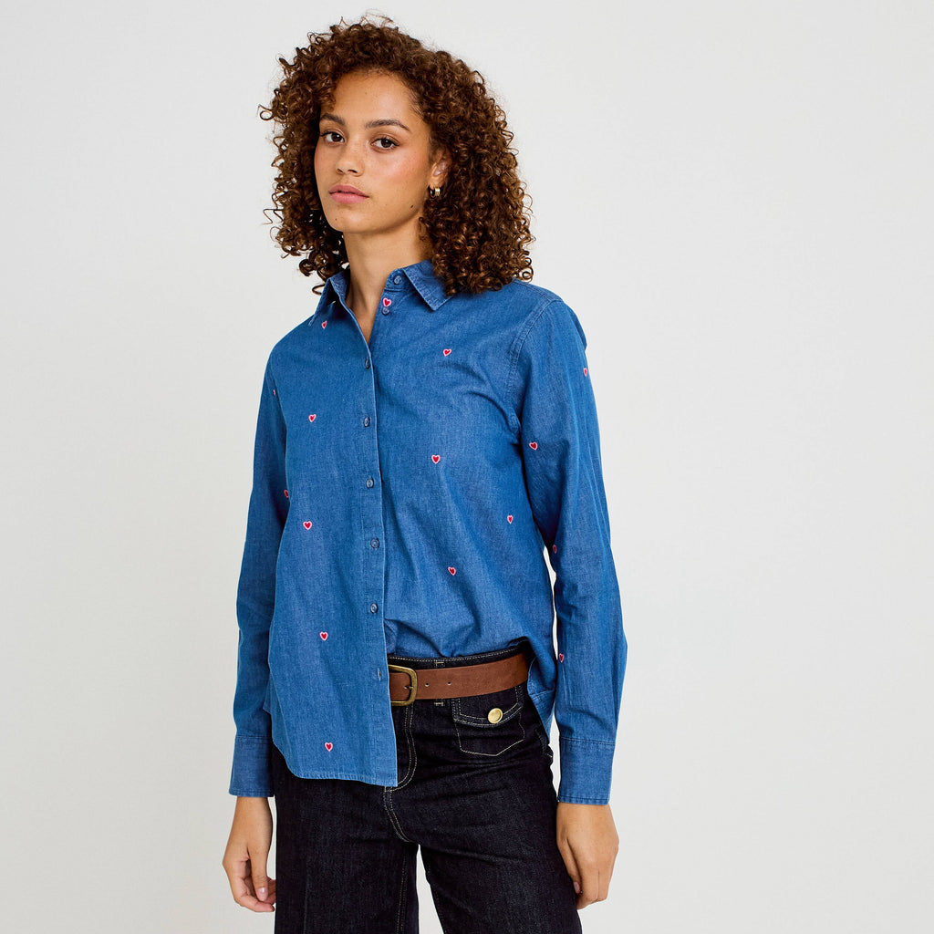 Straight Cut Embroidered Denim Shirt in Stonewashed Denim, view 1