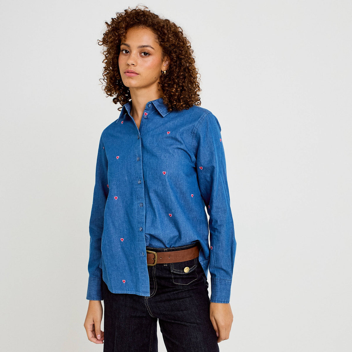 Straight Cut Embroidered Denim Shirt in Stonewashed Denim, view 1