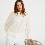 Straight Cut Crew Neck Long Sleeve Blouse in Ecru, view 1