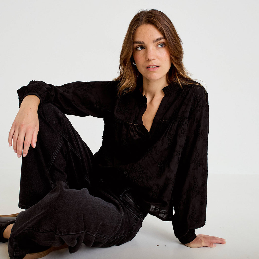 Straight Cut Crew Neck Embroidered Blouse in Black, view 1