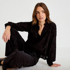 Straight Cut Crew Neck Embroidered Blouse in Black, view 1