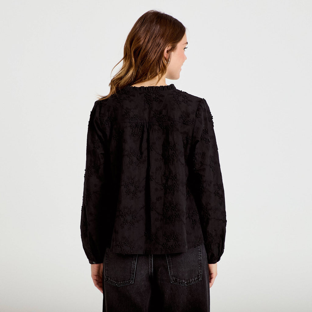 Straight Cut Crew Neck Embroidered Blouse in Black, view 2