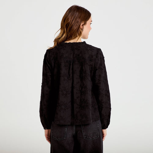 Blouse droite col rond manches longues noir femme